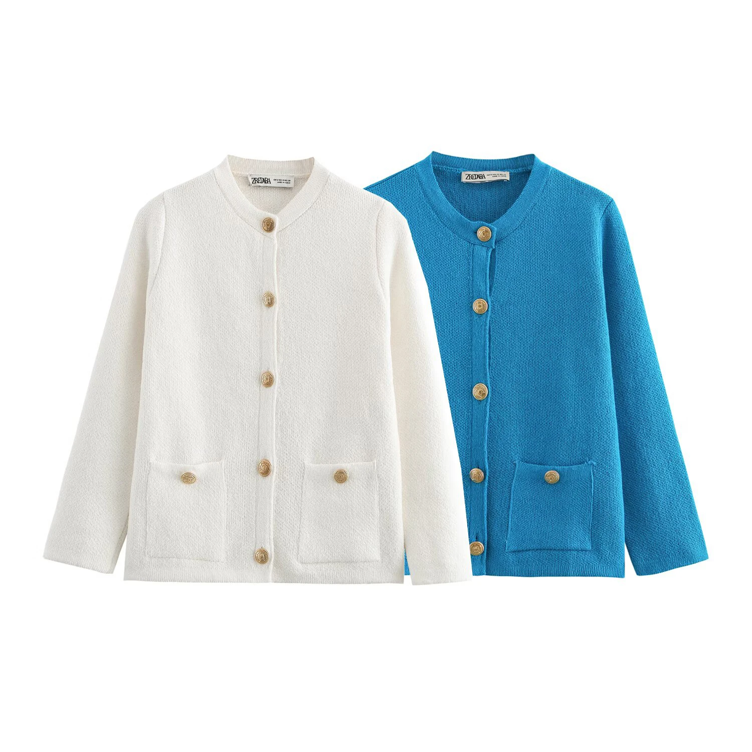 

Winter new women's clothing European and American style gold buckle decoration long sleeved round neck knitted jacket