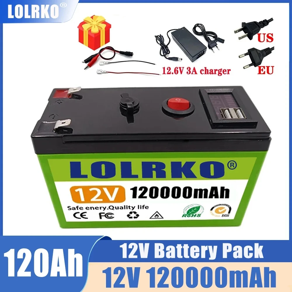 

Iron phosphate battery 12V 120Ah USB Rechargeable 18650 lithium battery for solar energy electric vehicle + 12.6V 3A charger