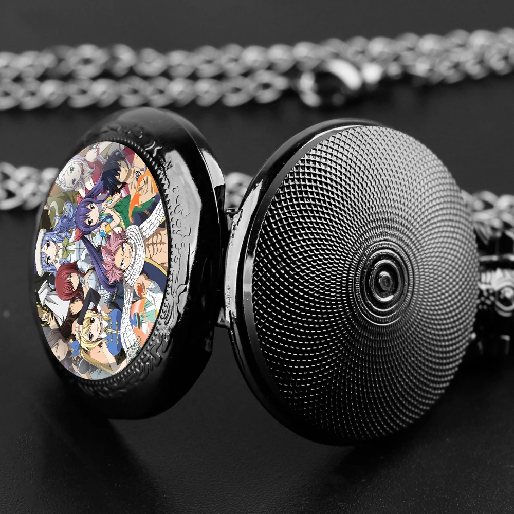 Anime Glass Dome Black Quartz Pocket Watch with Arabic Numerals Dial and Durable Chain Retro Gift for Men Women