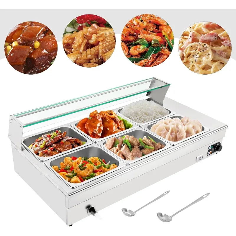 6 Pan Commercial Food Warmer 1200W, 38Qt 6 Pan x 1/2 GN Stainless Steel Electric Countertop Steam Table