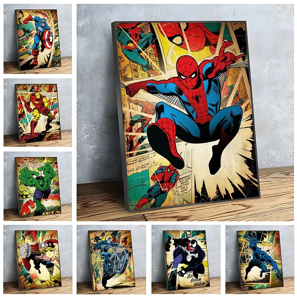 MINISO Marvel Movie Avengers Vintage Wall Art Posters SpiderMan Iron Man Hulk Thor Home Room Decor Canvas Painting Print Picture