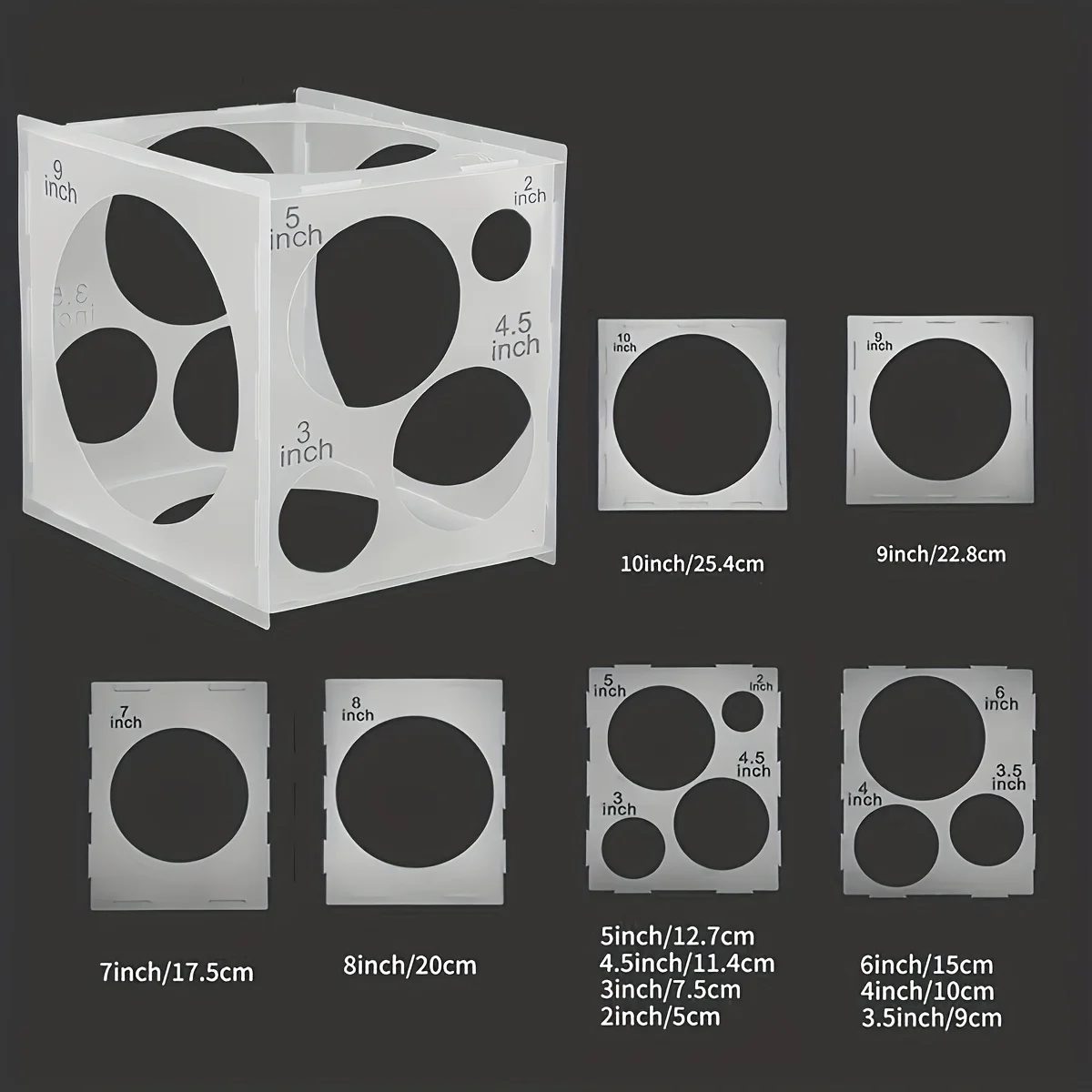 2-10 Inch Collapsible Plastic Balloon Sizer Box Cube, Balloon Size Measurement Tool for Balloon Decorations, Balloon Arches, Bal