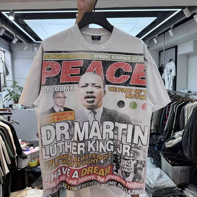 Retro Portrait Letter Printing Washed Round Neck T Shirt Men Women High Quality Tee Tops T-Shirt