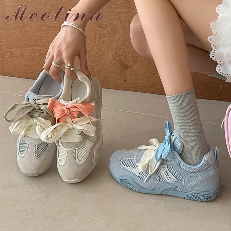 

Meotina Women Sneakers Round Toe Flats Lace-up Concise Brand Design Ladies Fashion Casual Shoes Spring Autumn Grey Blue Beige 40