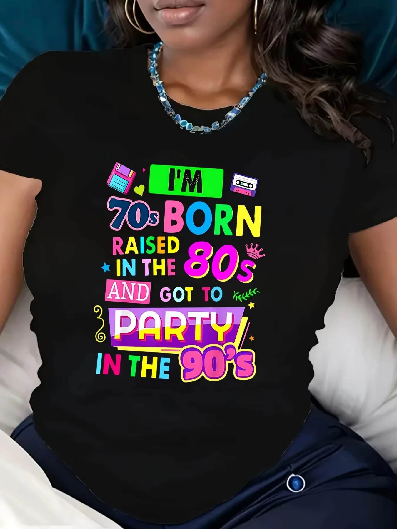 Women Retro 70s 80s 90s Party Graphic Tee, Y2K Vintage Cotton Tee, Multiple Colors Available, Casual Vacation Daily Party Top