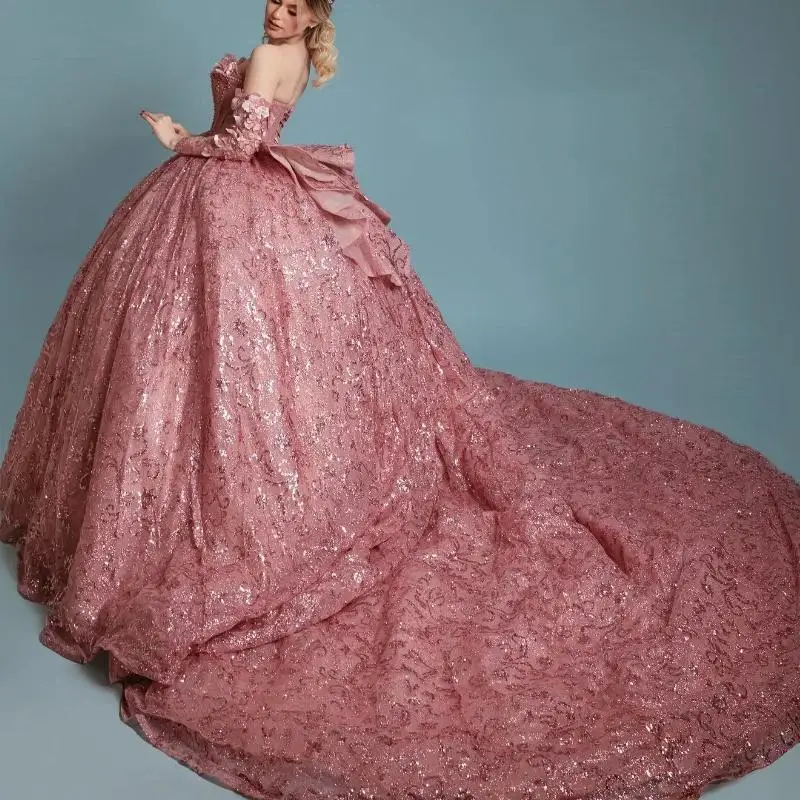 Vestido De quinceañera De princesa rosa brillante con hombros descubiertos, encaje con cuentas, perlas De cristal, Tull, dulce 16, vestido De fiesta De cumpleaños, Vestidos De 15