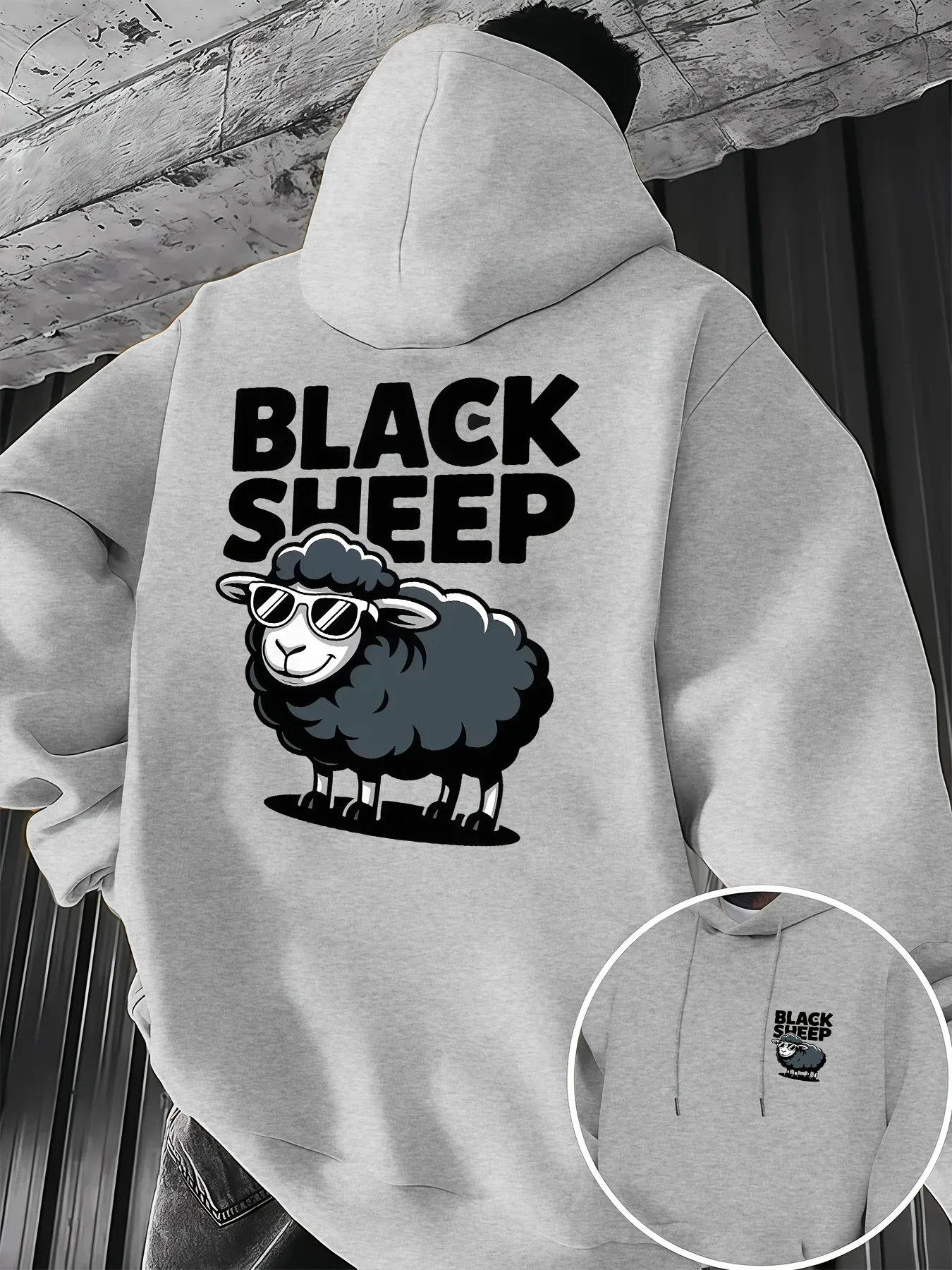 Men's Autumn Winter Hoodie Black Sheep Cool Cartoon Sheep With Sunglasses Front Back Print Streetwear Fleece Sweatshirt