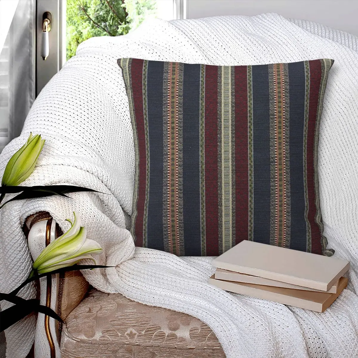 Navy Stripe Burgundy And Dark Blue Square Pillowcase Pillow Cover Cushion Zip Decorative Comfort Throw Pillow for Home Sofa