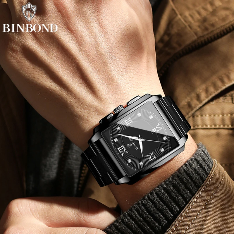 BINBOND B4143 Top Luxury Big Dial Men Watches Square Quartz Stainless Steel Waterproof Sport Automatic Date Business Men Watches