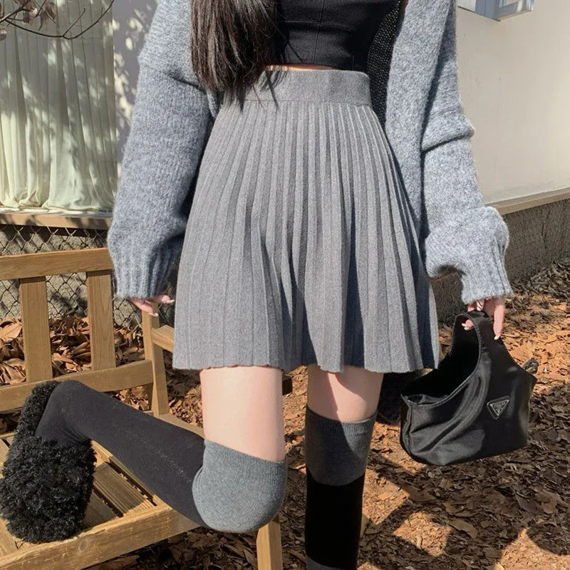 Autumn Winter Knitted A Line Skirts Women Korean Elastic High Waist Pleated Short Skirt Woman All Match Solid Color Mini Skirts