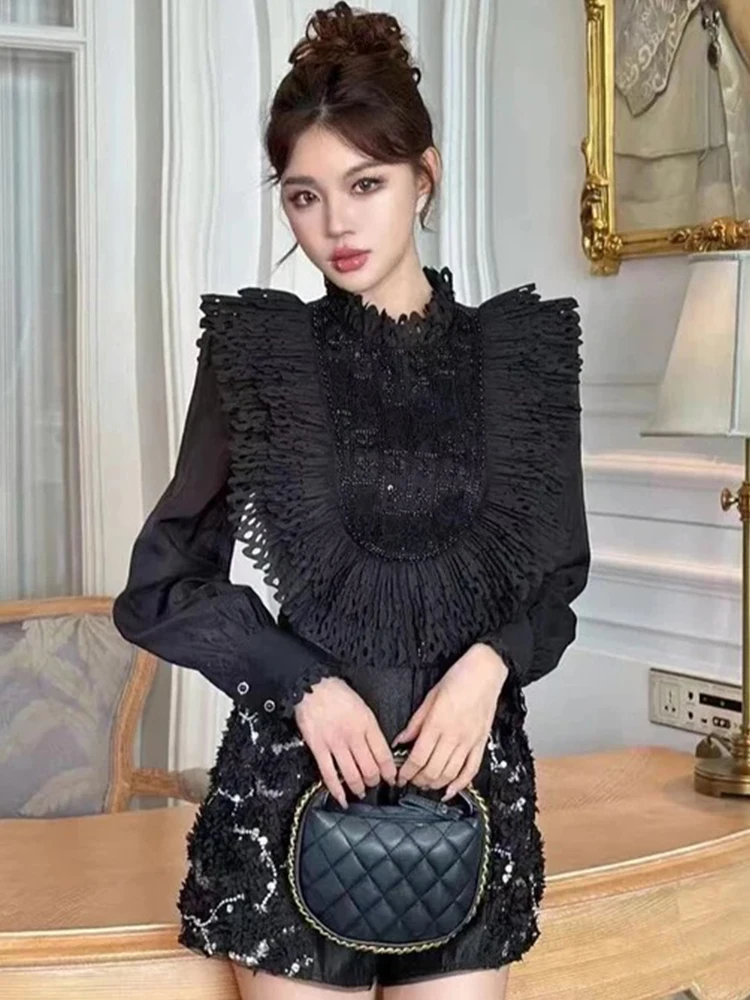 

Чувство модного дизайна, нишевая рубашка с коротким воротником из бисера и длинными рукавами, а новая универсальная осенняя блузка-пуловер с рюшами.