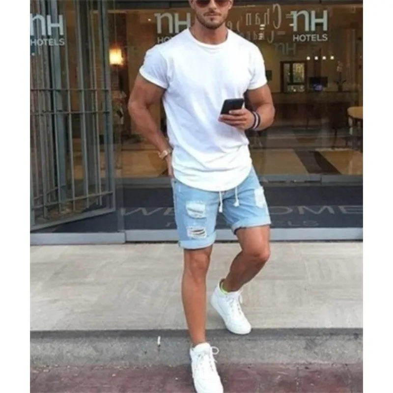 Summer New Small Fresh Jeans Men's Solid Color Ripped Fashion Casual Daily Denim Shorts