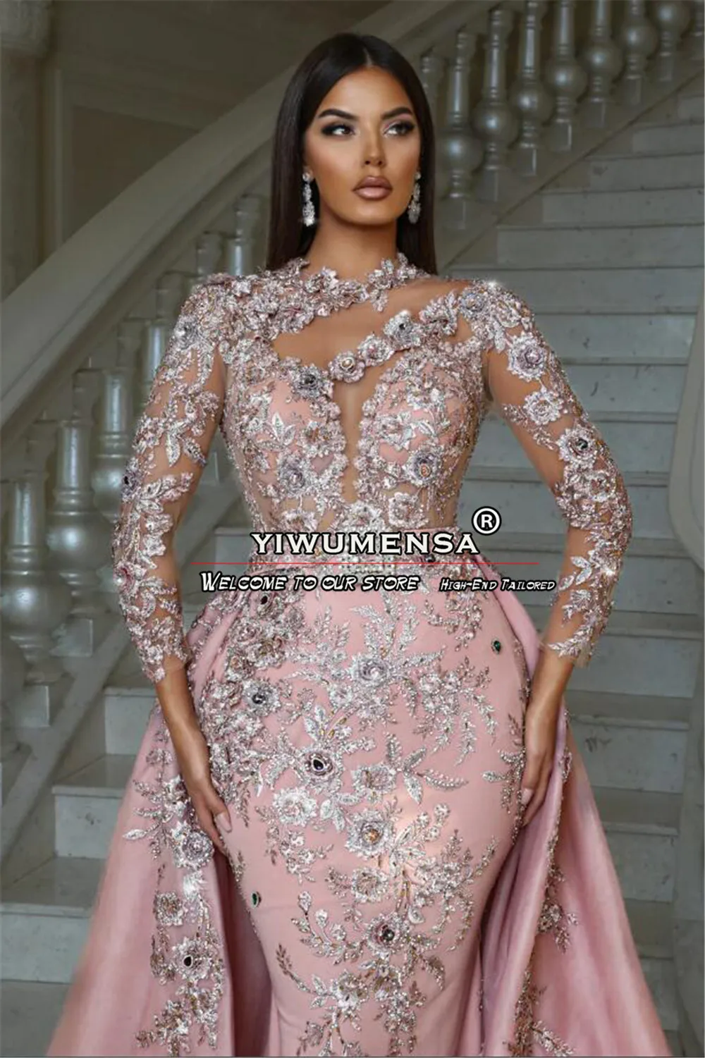 Rose Elegant Beaded Mermaid Prom Dress With Overskirt 2 In 1 Glitter Sequins Appliques Full Sleeves Evening Party Gowns Custom