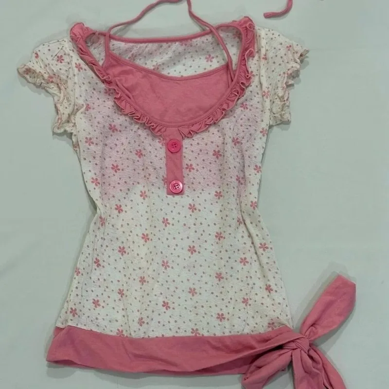 Japanese Sweet Girls Y2k Tops Retro Flower Print Neck-mounted Lace Up Fake Two-piece Short Sleeved T Shirt Daily Women Clothing