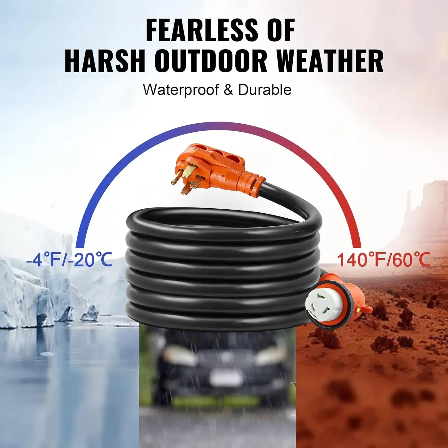 30피트 RV 전원 코드, 50암페어, 헤비 듀티 STW 6/3 + 8/1 발전기 코드, NEMA 14-50P 수컷 플러그 NEMA SS2-50R 암컷 플러그, ETL 인증