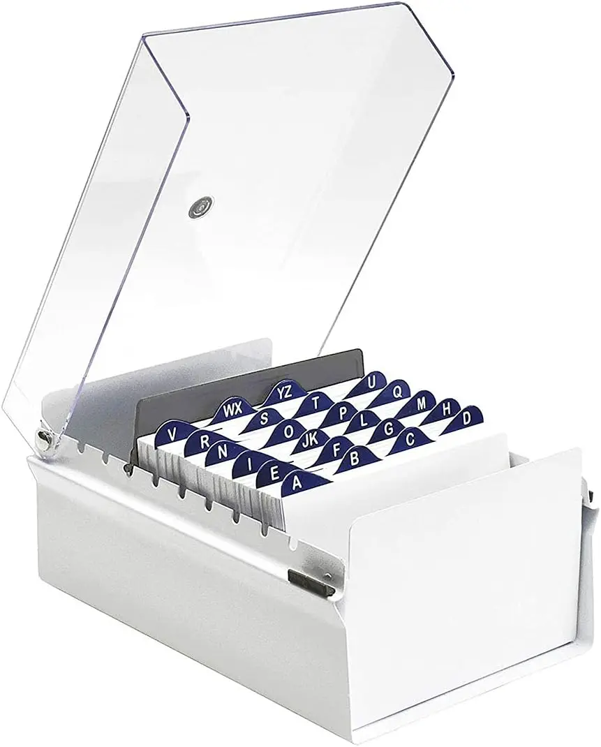 

Heavy Duty 4x6 Card File Holder with Clear Lid, AZ Index & Divider Included - White