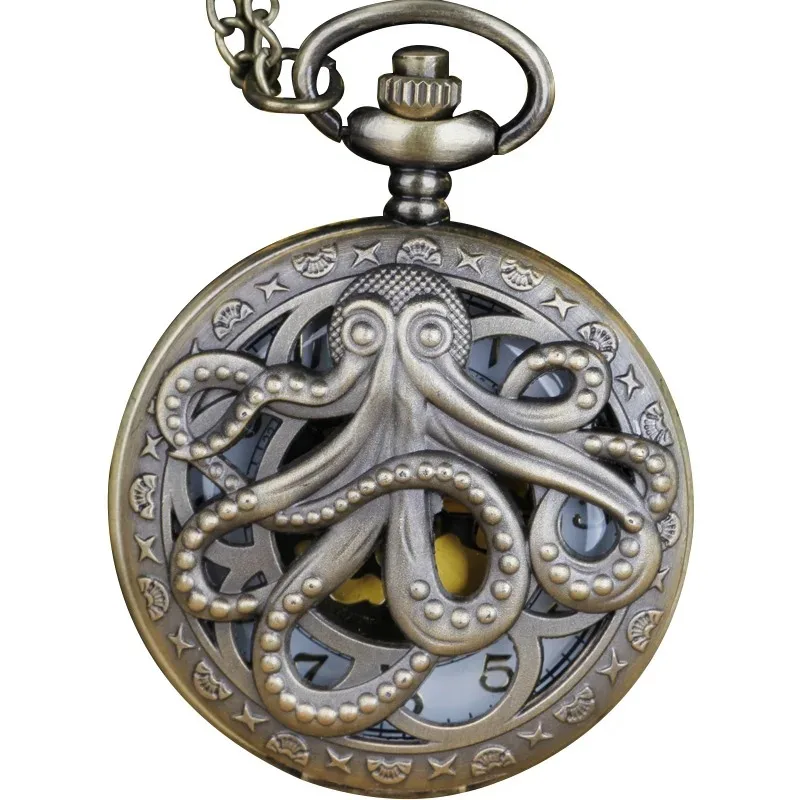 Hollow Quartz Pocket Watch Octopus Dial Roman Numerals Men Women Student Necklace Pendant Clock Gift Pop Jewelry