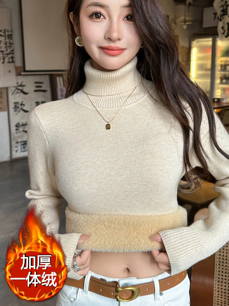 

Turtleneck Sweater Women Tops Autumn and Winter Fleece Thickened Warm Long Sleeve Slim Fit Knitted Pullover Base Shirt for Women
