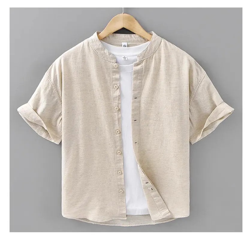 

Summer Linen Cotton irt Men Loose Casual Thin Retro Trendy Workwear ort Sve Button up Waed Stand Fit Pure Color