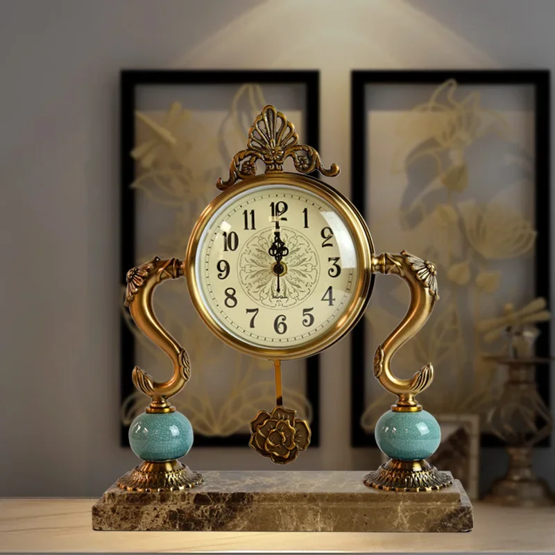 Luxurious Retro Look Marble Desktop Alarm Clock Decoration Metal Large Clock Ornaments