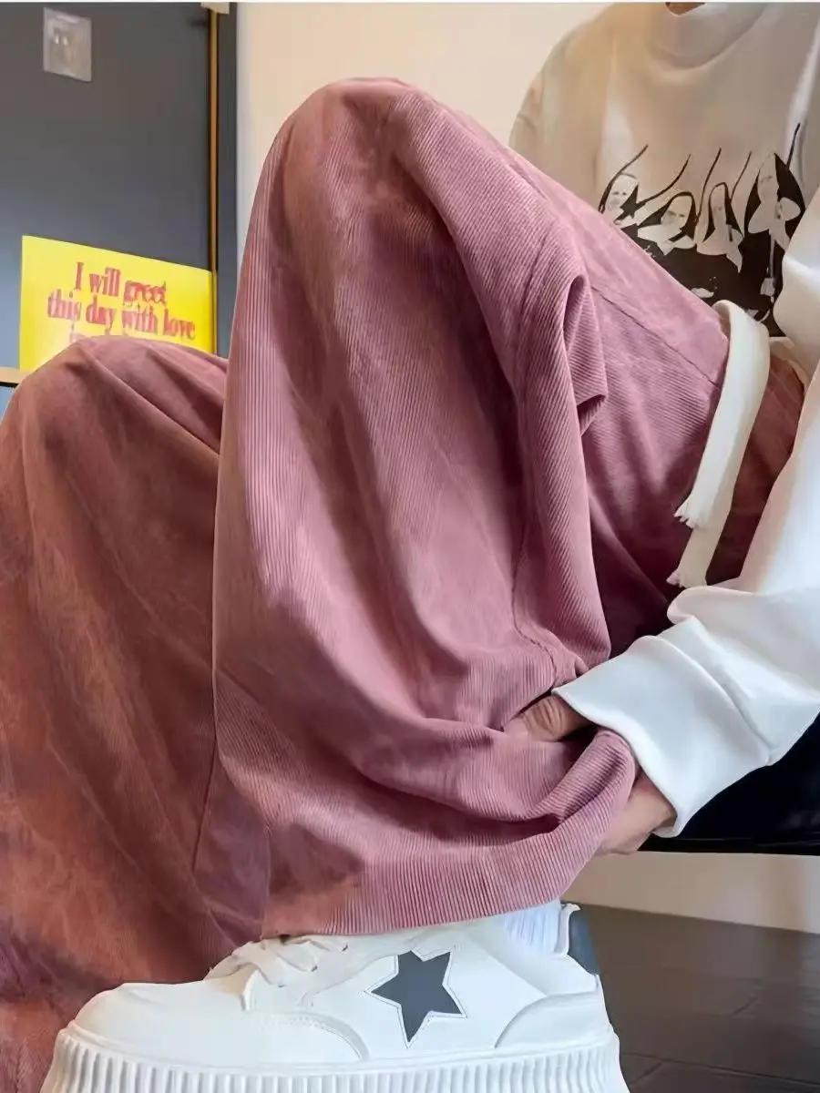 Plones Anchos de Moda Americana para Hombre, Primavera-Otoño, uesos, Sueltos, Rectos, Casus, de Pana Teñida, Plo...