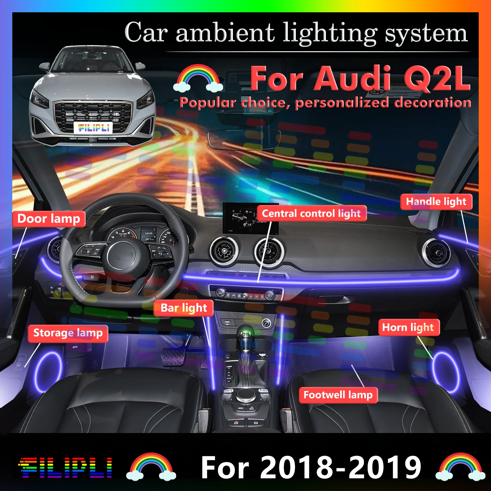 20 In1 for Audi Q2L series GA Car LED Ambient Lamps Colorful Atmosphere Lights Auto Interior Neon Strip 64 RGB Lighting 12V APP