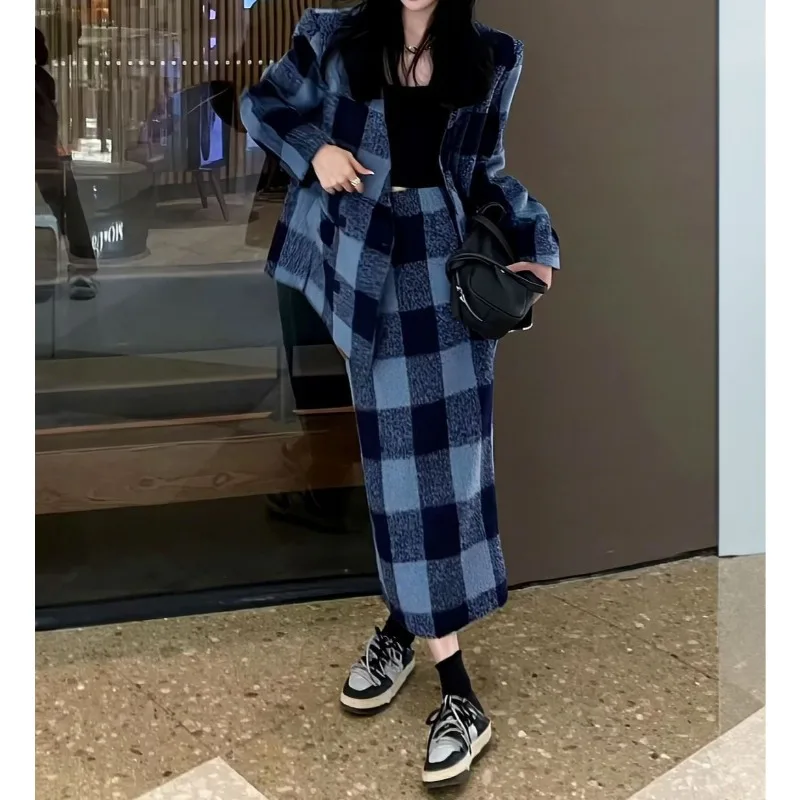 

Plaid Skirt Set for Women's 2025 Autumn and Winter High-end Color Matching Plaid Woolen Jacket + Skirt Two-piece Set