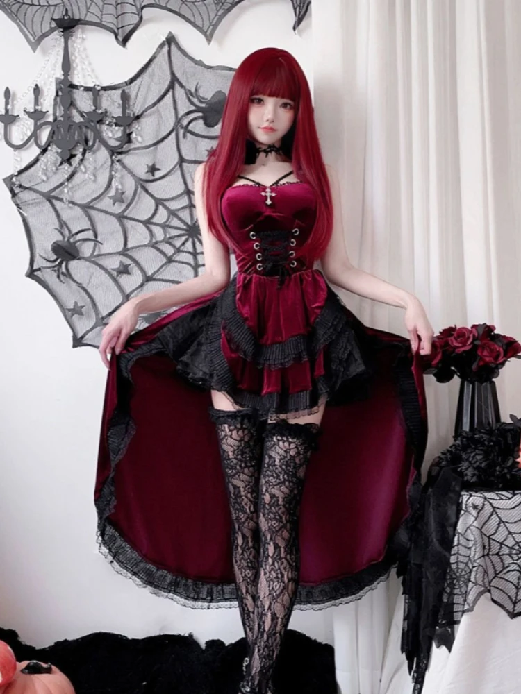 Y2K Gothic Samt Kleid Eleganter Rock Frauen Party Outfit Lolita Gothic Ästhetische Vintage Formale Abend Party Kleid Rüschen Neu