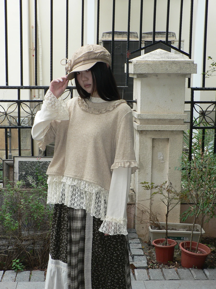 

Angproject 226 New Wood ain Lace Patchwork Long Sve Two-Piece Set Women's Faion Retro Sle Winter Autumn Wear