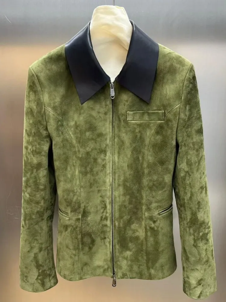 Capispalla in vera pelle confortevole da donna stile retrò con cerniera risvolto tinta unita maniche lunghe capispalla sottile in pelle scamosciata di pecora