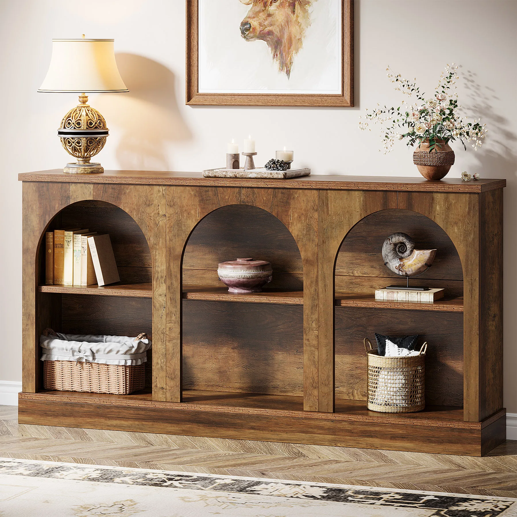 Tribesigns Farmhouse Console Table, 63-Inch Long Entryway Table with 3 Tier Storage, Wooden Rectangular Sofa Table