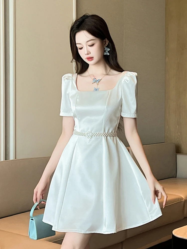 High Quality Elegant White Satin Evening Dress Women Celebrity Bubble Sleeve Pearl Belt Short Party Vestidos Fiesta Date Clothes