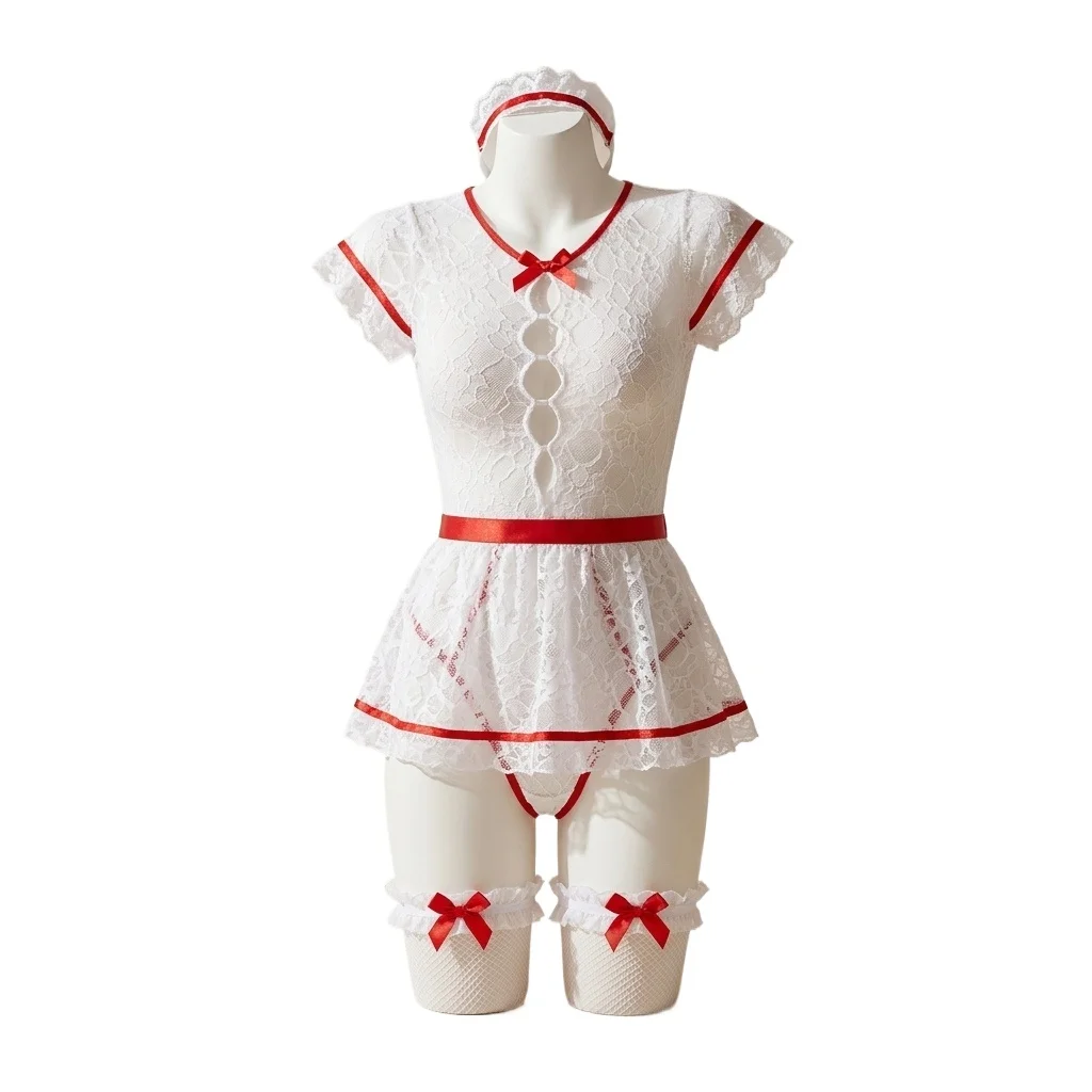 Nurse Costume Lingerie Set for Women, White Lace See-Through Role Play Outfit with Stockings and Headband, Naughty Babydoll