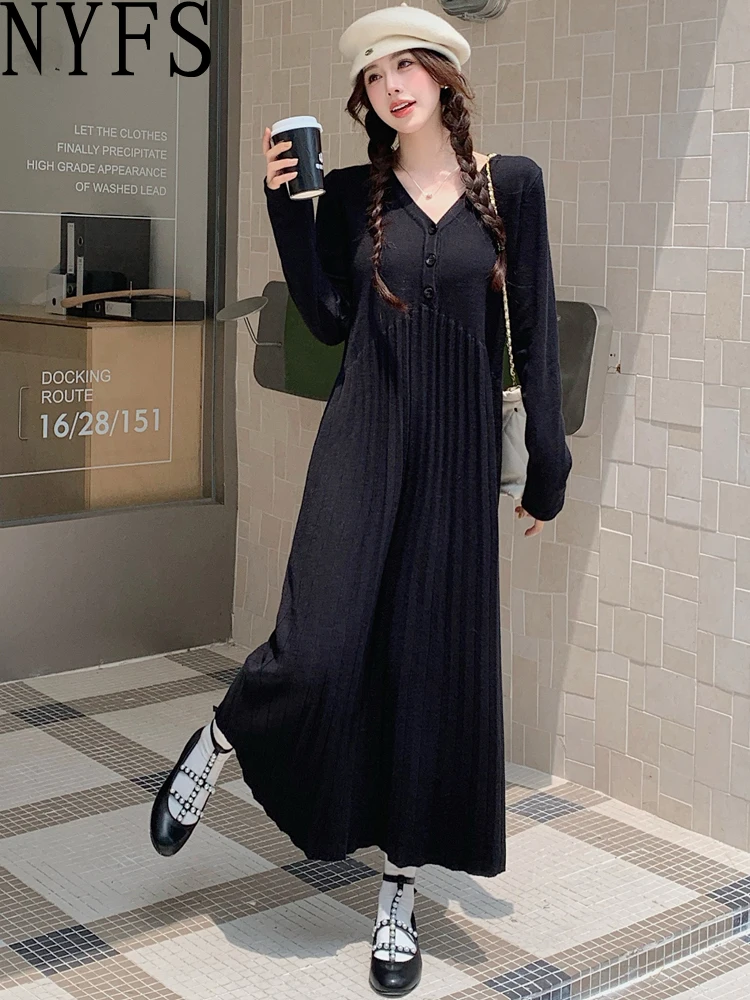 NYFS 2024 Autumn Winter New Korea Women Dress Vestidos Robe Elbise Loose Plus Size Knitted V-neck Sweater Dresses