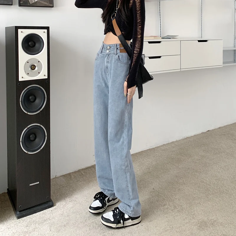 ハイウエストルーズフィットストレートレッグジーンズ、洋梨体型の女性向けプラスサイズ、秋の新作、スリム効果のあるワイドレッグパンツ