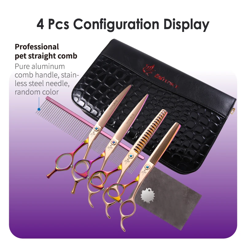 Fenice High-end 6.5/7.0/7.5 inch JP440C Fashion Contrast Colour Pet Cutting Curved Chunker Thinning Grooming Scissors petkit