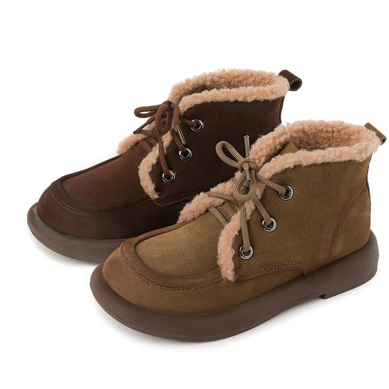 GKTINOO Stivali da neve Donna Pelle scamosciata di mucca Suola con plateau Punta tonda Pelliccia calda Design cucito Inverno 2024 Scarpe da donna