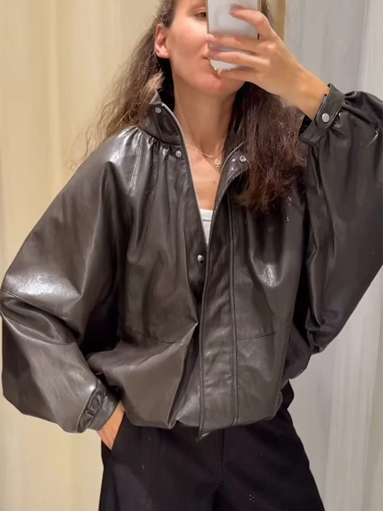

Женские винтажные куртки-бомберы из искусственной кожи, осенние новые пальто на молнии с воротником-стойкой и длинными рукавами и карманами, повседневная женская свободная уличная одежда