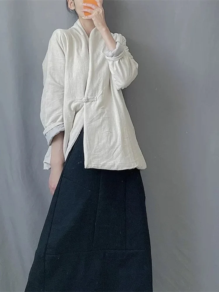 Thickened Cotton Jacket Women's Style Loose Fit Button up Artistic Thickened Retro Chinese Style Winter Coat Long Sleeve V-Neck