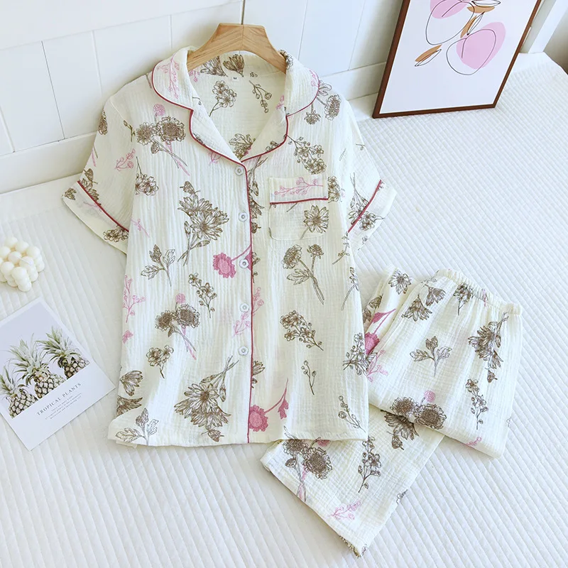 

2025 New Spring/Summer Women's Pajama Set 100% Cotton Crepe Short Sleeve+Pants Two Piece Set for Women's Cute Home Furnishings