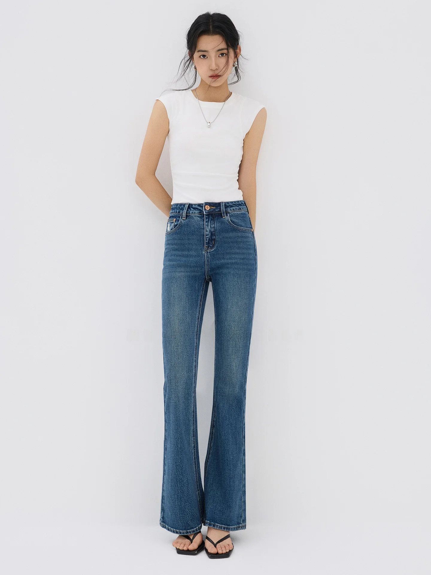 

Retro Blue Bell Bot Jeans Women's Small Size Spring New Elastic High Waist Slimming Flared Pants Cotton Medium Stretch