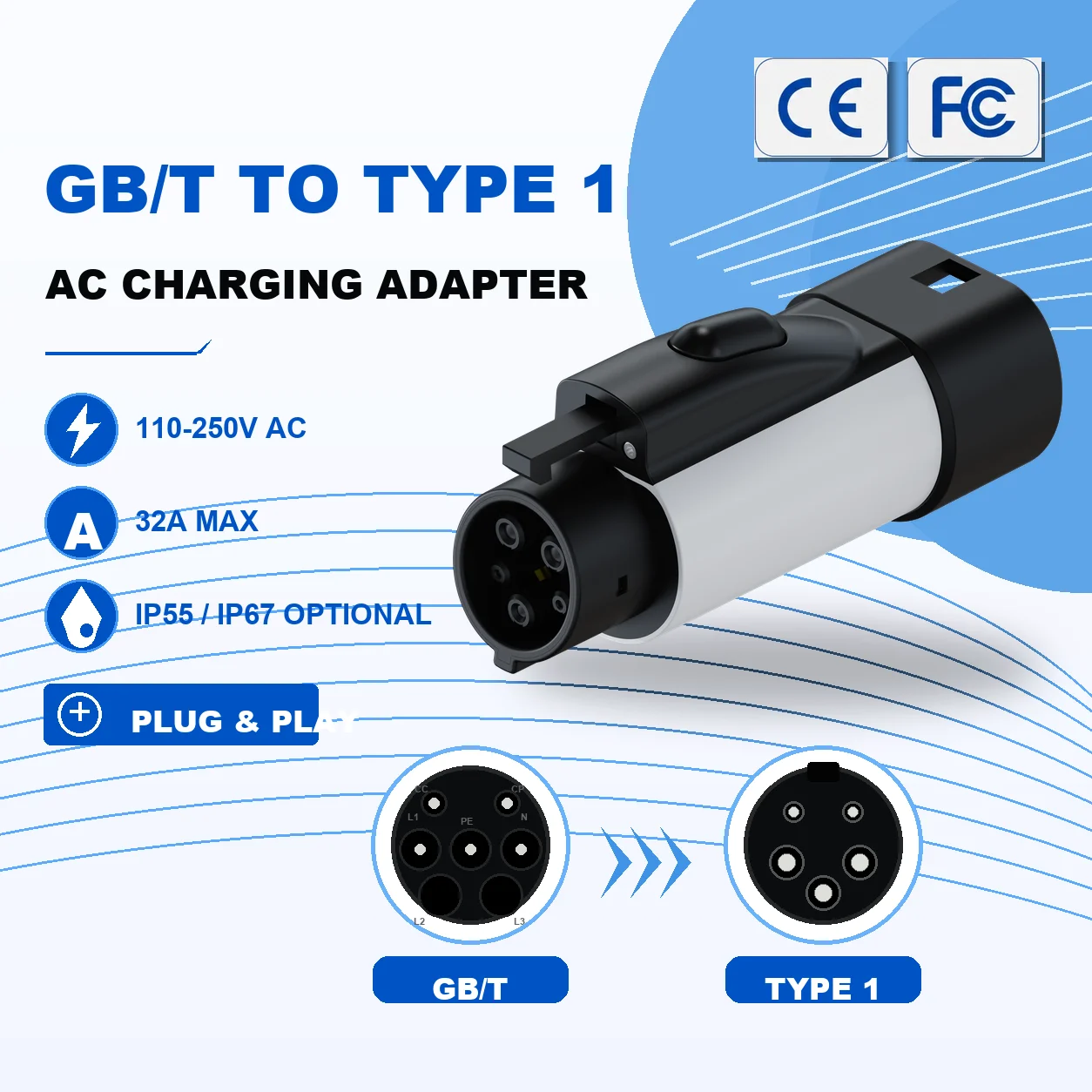 AC-GZM2 GBT-Type 1 NEW AC Charging Adapter 32A EV Charging Connector Factory Direct Sales Car Charger Adapter
