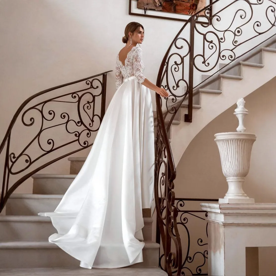 New Elegent wedding dress with Sexy Deep V-neck Medium Sleeves Slimming effect, customizable plus size71