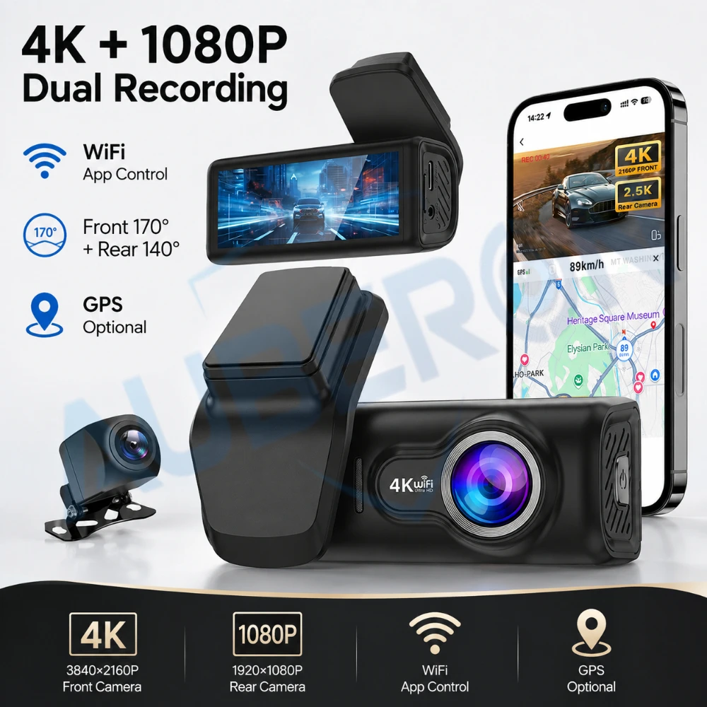 4K Dash Cam Front 1080P Rear Camera Car DVR WiFi APP Control GPS Driving Recorder Night Vision Loop Recording Parking Monitor