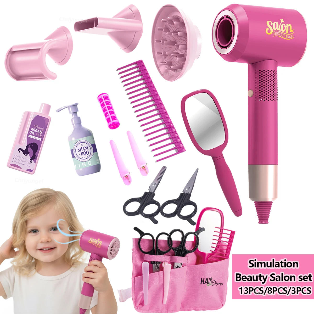 Chriyungel conjunto de salão de beleza infantil com secador de cabelo, dramatização, brinquedo de maquiagem de beleza, ferramenta de estilo, presentes para meninas