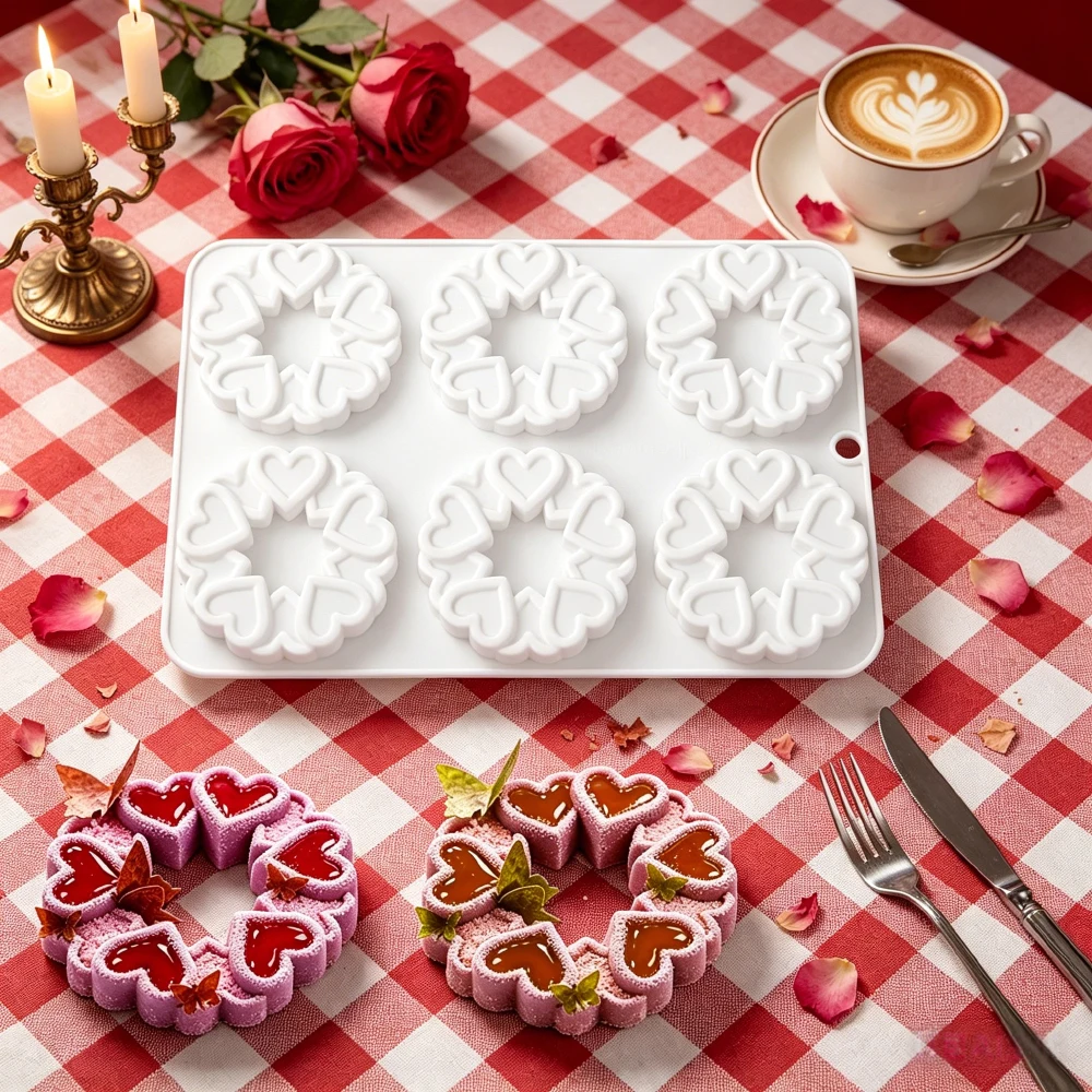 6Cavity Heart Shaped Silicone Mold for Mousse Cake Chocolate Cookies Dessert Baking Candle Handmade Soap Wedding Valentine's Day