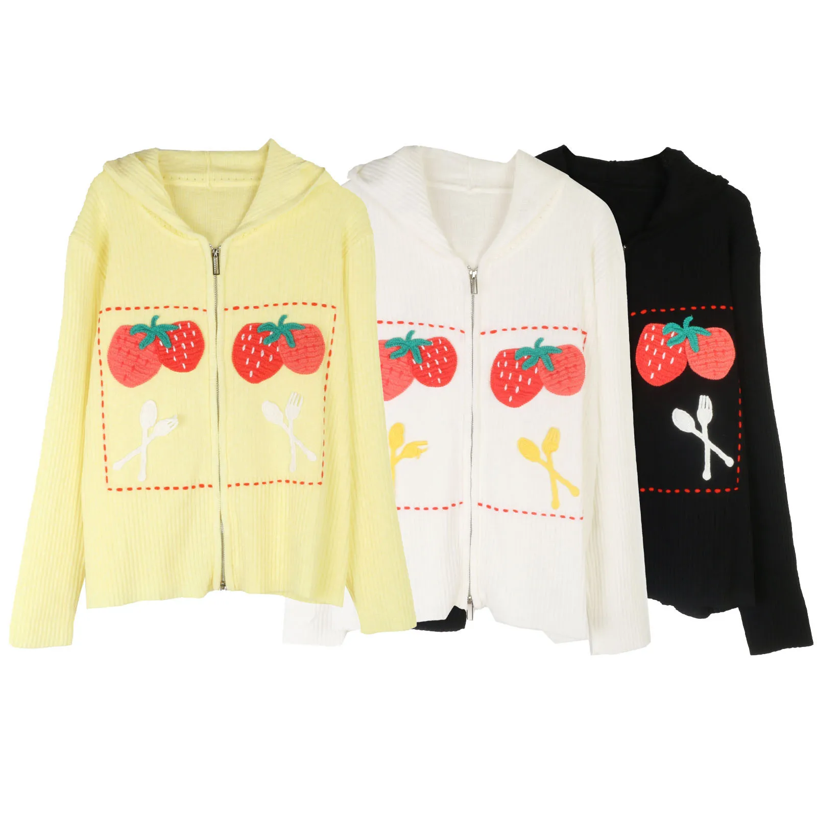Strawberry Embroidery Knitted Cardigan 2025 Autumn And Winter New Zipper Hooded Sweater Jacket Tops