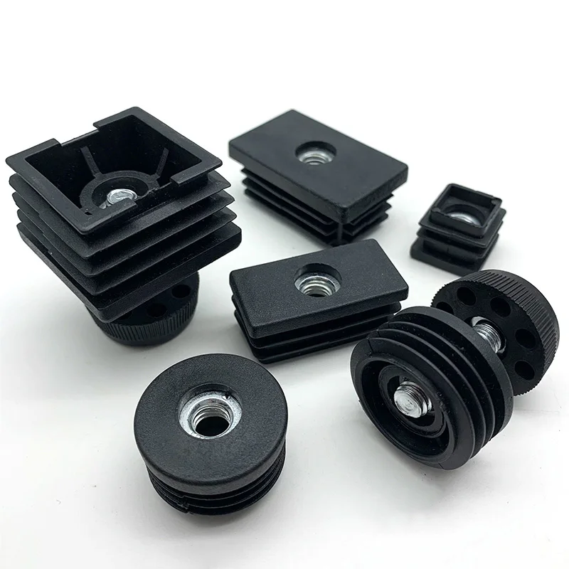 1/4/10pcs M6 M8 Black Square Plastic Pipe Plugs Adjustable Screw Foot Pad Furniture Leg End Caps 10 15 16 19 20 25 30 38 40 50mm