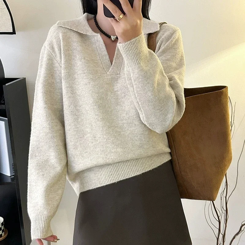 Grey Warm Knit Sweater for Women Autumn Winter Korean Fashion Turn Down V-neck Stylish Pullover Versatile Loose Knitwear Tops