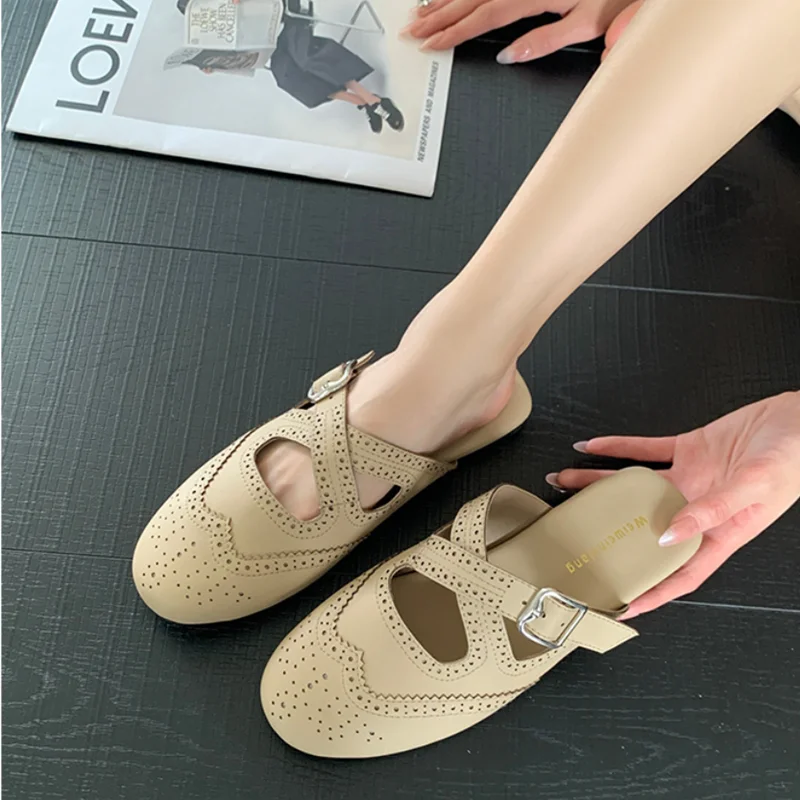 

DIMANYU Women's Mule Shoes Spring 2026 New Hollow Carved Closed Toe Women's Slippers Fashion Large Size Half Slippers For Women
